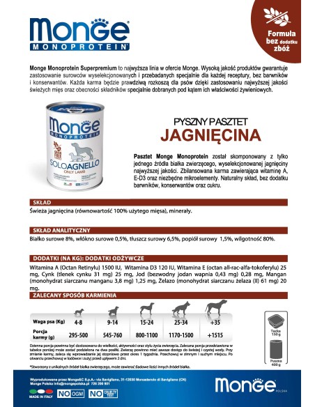MONGE DOG SOLO JAGNIĘCINA 400g