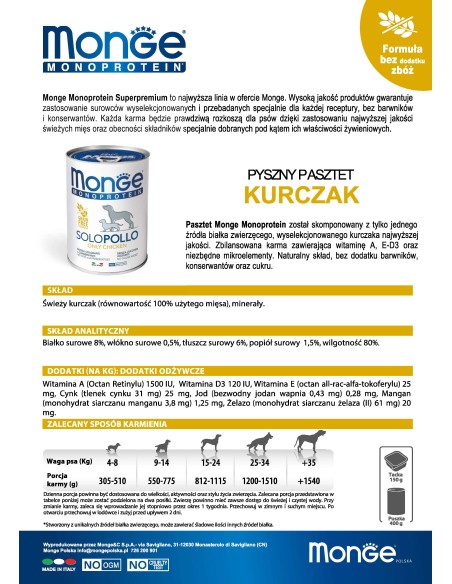 MONGE DOG SOLO KURCZAK 400g