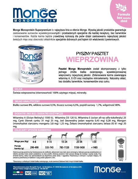 MONGE DOG SOLO PORK 400g