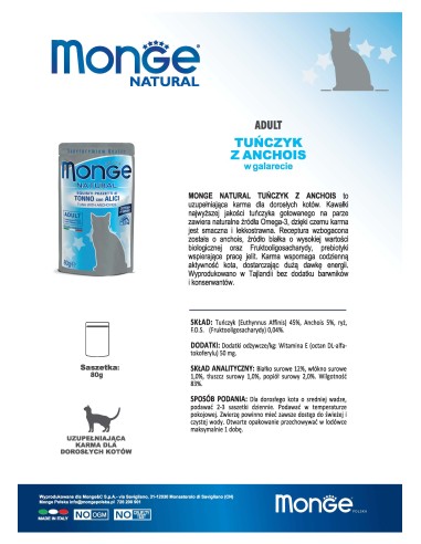 MONGE NATURAL TUŃCZYK Z ANCHOIS W GALARECIE 80G...