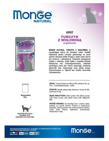 MONGE NATURAL TUŃCZYK Z WOŁOWINĄ W GALARECIE 80G saszetka