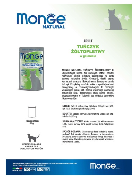 MONGE NATURAL TUŃCZYK ŻÓŁTOPŁETWY W GALARECIE 80G saszetka