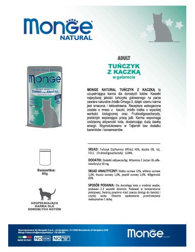 MONGE NATURAL TUŃCZYK Z KACZKĄ W GALARECIE 80G...