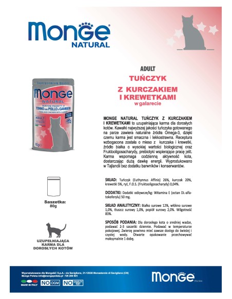 MONGE NATURAL TUŃCZYK Z KURCZAKIEM I KREWETKAMI W GALARECIE 80G saszetka