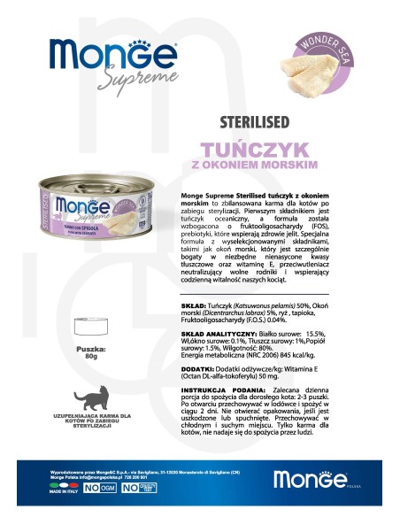 Monge Supreme kann Sterilised Tuna with sea bass 80g