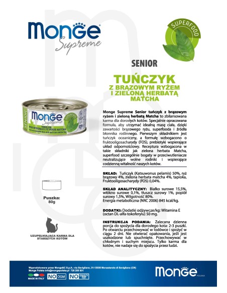 Monge Supreme kann Senior Thunfisch mit braunem Reis und grünem Matcha-Tee 80g