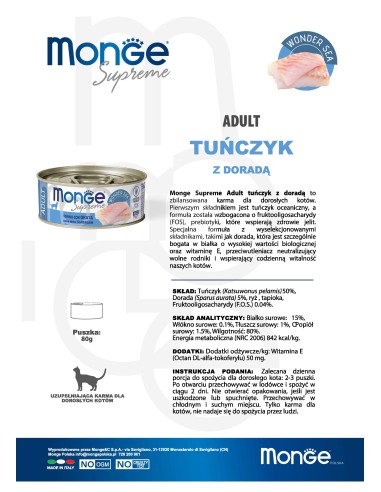 Monge Supreme can Adult Tuna with seabream 80g