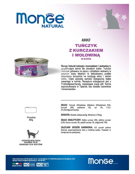 OUTLET MONGE NATÜRLICHE TUNA MIT HÜHNCHEN UND RINDFLEISCH 80G