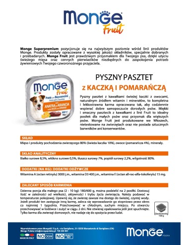 OUTLET MONGE DOG FRUCHTPATE MIT ENTE UND ORANGE...