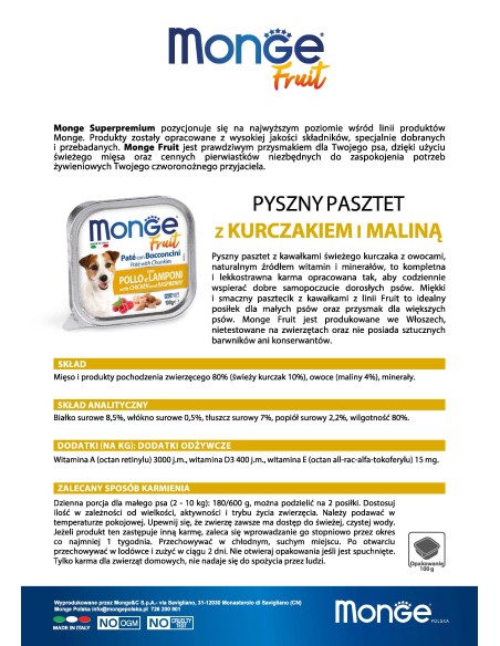 OUTLET MONGE DOG FRUIT PATE WITH CHICKEN AND RASPBERRIES 100g