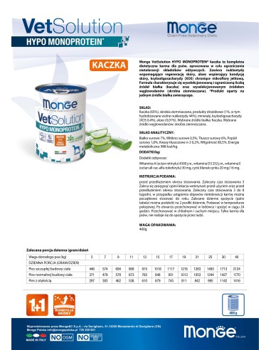 MONGE VETSOLUTION DOG- HYPO MONOPROTEIN ENTE 400g