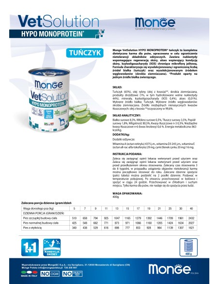 MONGE VETSOLUTION DOG- HYPO MONOPROTEIN THUNFISCH 400g