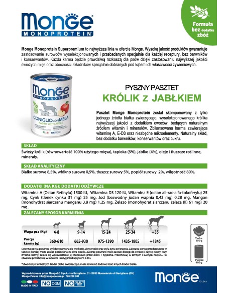OUTLET MONGE DOG FRUIT M  KRÓLIK Z JABŁKIEM 400g
