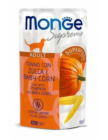 outlet Monge Supreme pouch Adult Tuna with pumpkin and mini corncobs 80g