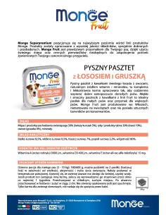OUTLET MONGE DOG FRUIT PASZTET Z  ŁOSOSIEM I GRUSZKĄ 100g 2