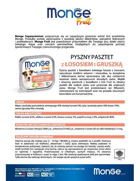 OUTLET MONGE DOG FRUIT PASZTET Z  ŁOSOSIEM I GRUSZKĄ 100g