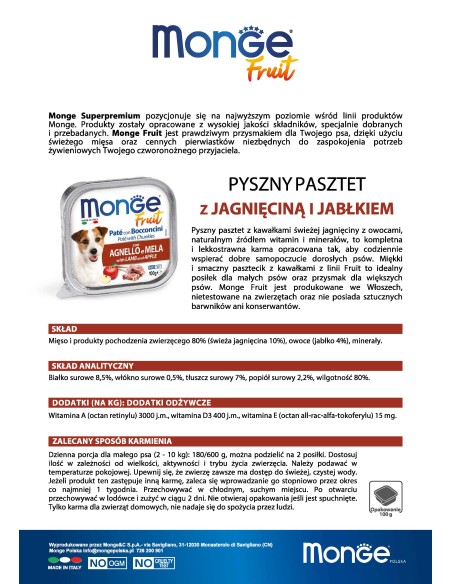 OUTLET MONGE DOG FRUIT LAMB WITH APPLE 100g