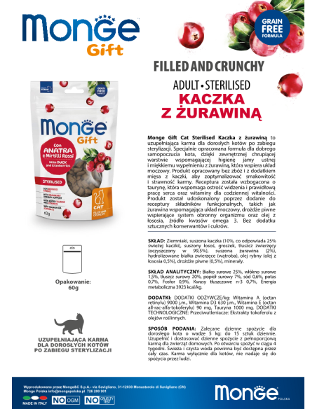 Monge Gift Filled and Crunchy Cat Sterilised Kaczka z żurawiną 60g