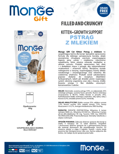 Monge Gift Filled and Crunchy Kitten Pstrąg z mlekiem 60g