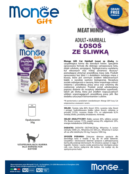Monge Gift Meat Minis Cat Hairball Łosoś ze śliwką 50g