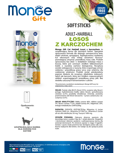 Monge Gift Soft Sticks Cat Hairball Łosoś z karczochem 15g