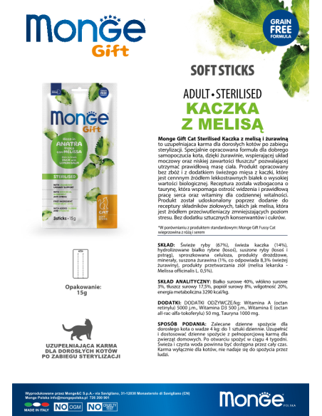 Monge Gift Soft Sticks Cat Sterilised Kaczka z melisą i żurawiną 15g