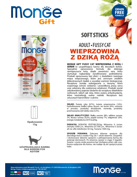 Monge Gift Soft Sticks Cat Adult Wieprzowina z owocami dzikiej róży i serem 15g