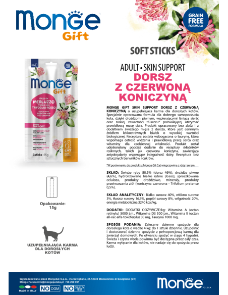 Monge Gift Soft Sticks Cat Adult Kabeljau mit Rotklee 15g
