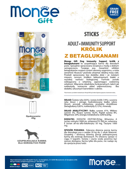 Monge Gift Sticks Dog Adult Rabbit with betaglucans 45g