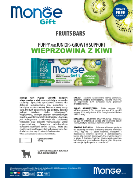 Monge Gift Fruits Bars Puppy and Junior Wieprzowina z kiwi 100g