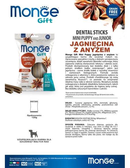 Monge Gift Dental sticks Mini Puppy and Junior Lamb with aniseed 120g
