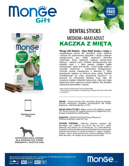 Monge Gift Dental sticks Dog Medium - Maxi Adult Kaczka z miętą pieprzową 270g