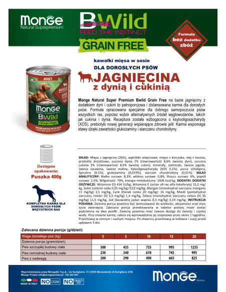 MONGE BWILD GRAIN FREE LAMB 400g