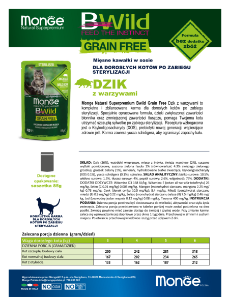 MONGE BWILD Grain Free boar with vegetables in sauce 85g