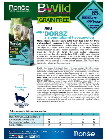 CAT BWILD GRAIN FREE DORSZ Z ZIEMNIAKAMI I SOCZEWICĄ 1,5kg
