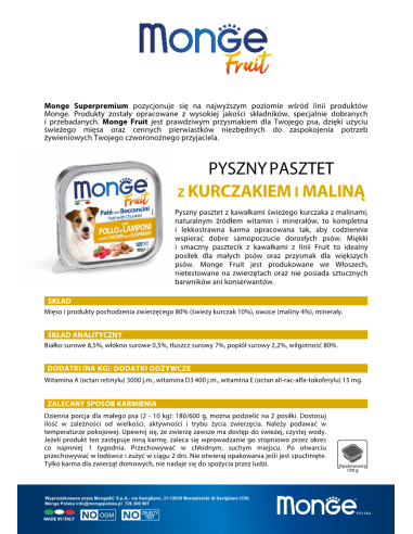 MONGE DOG FRUIT PASZTET Z KURCZAKIEM I MALINAMI...