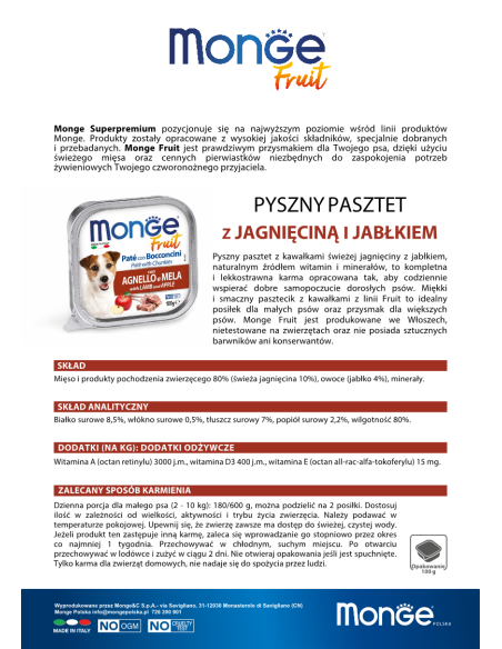 MONGE DOG FRUIT LAMB WITH APPLE 100g