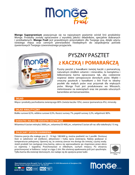 MONGE DOG FRUCHTPATE MIT ENTE UND ORANGE 100g