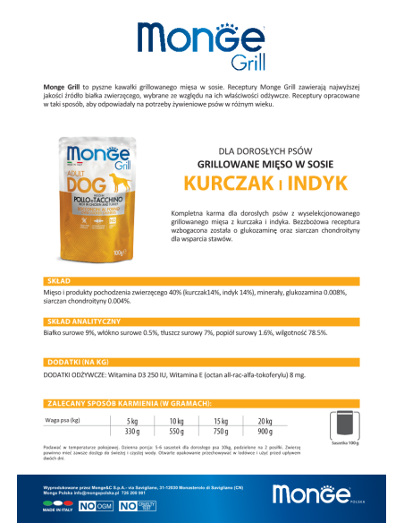 MONGE GRILL-MIĘSNE KAWAŁKI Z KURCZAKIEM I INDYKIEM 100g