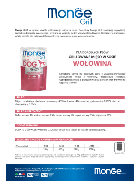 MONGE GRILL-MIĘSNE KAWAŁKI Z WOŁOWINĄ 100g