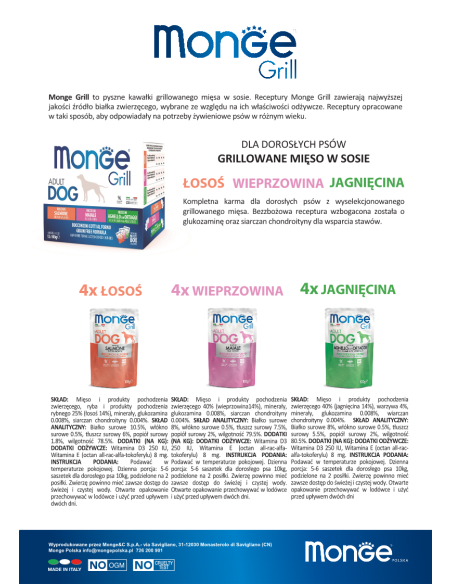 MONGE GRILL Multi Box Dog łosoś/wieprzowina/jagnięcina z warzywami 12x100g