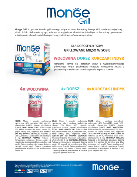 MONGE GRILL Multi Box Dog Rindfleisch/Dorsch/Huhn mit Truthuhn 12x100g