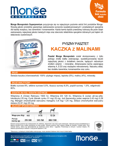 MONGE DOF FRUIT KACZKA Z MALINAMI 150g