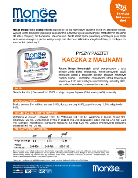 MONGE DOF FRUIT KACZKA Z MALINAMI 150g