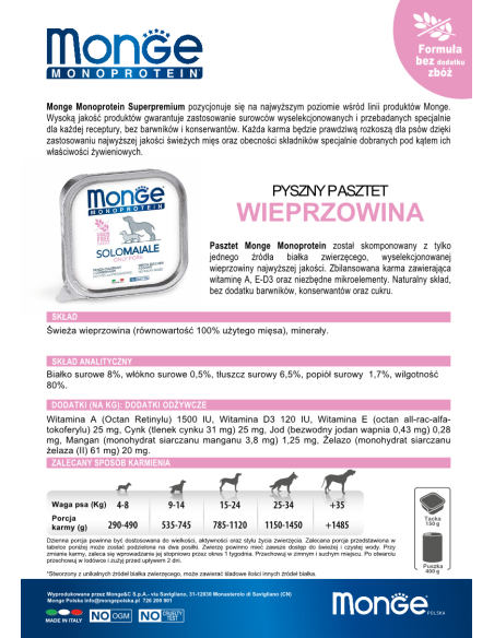 MONGE DOG SOLO WIEPRZOWINA 150g