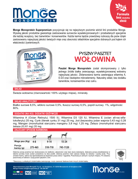 MONGE DOG SOLO WOŁOWINA 150g