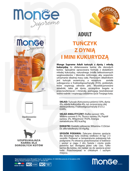 Monge Supreme sachet Adult Thunfisch mit Kürbis und Mini-Maiskolben 80g