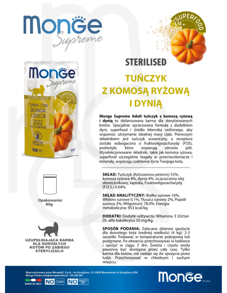 Monge Supreme saszetka Sterilised Tuńczyk z komosą ryżową i dynią 80g