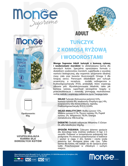 Monge Supreme saszetka Adult Tuńczyk z komosą ryżową i wodorostami 80g