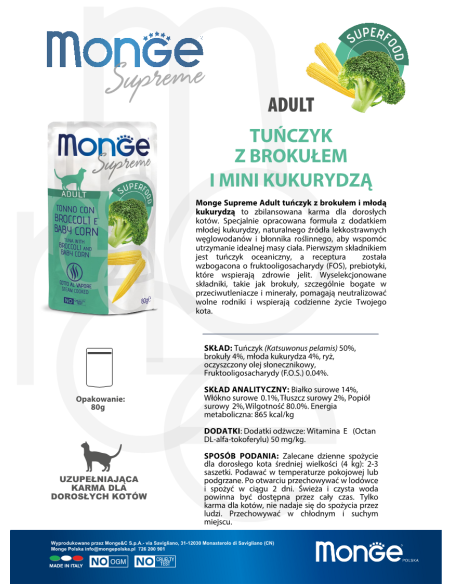 Monge Supreme szaszetka Adult Tuńczyk z brokułami i mini kukurydzą 80g